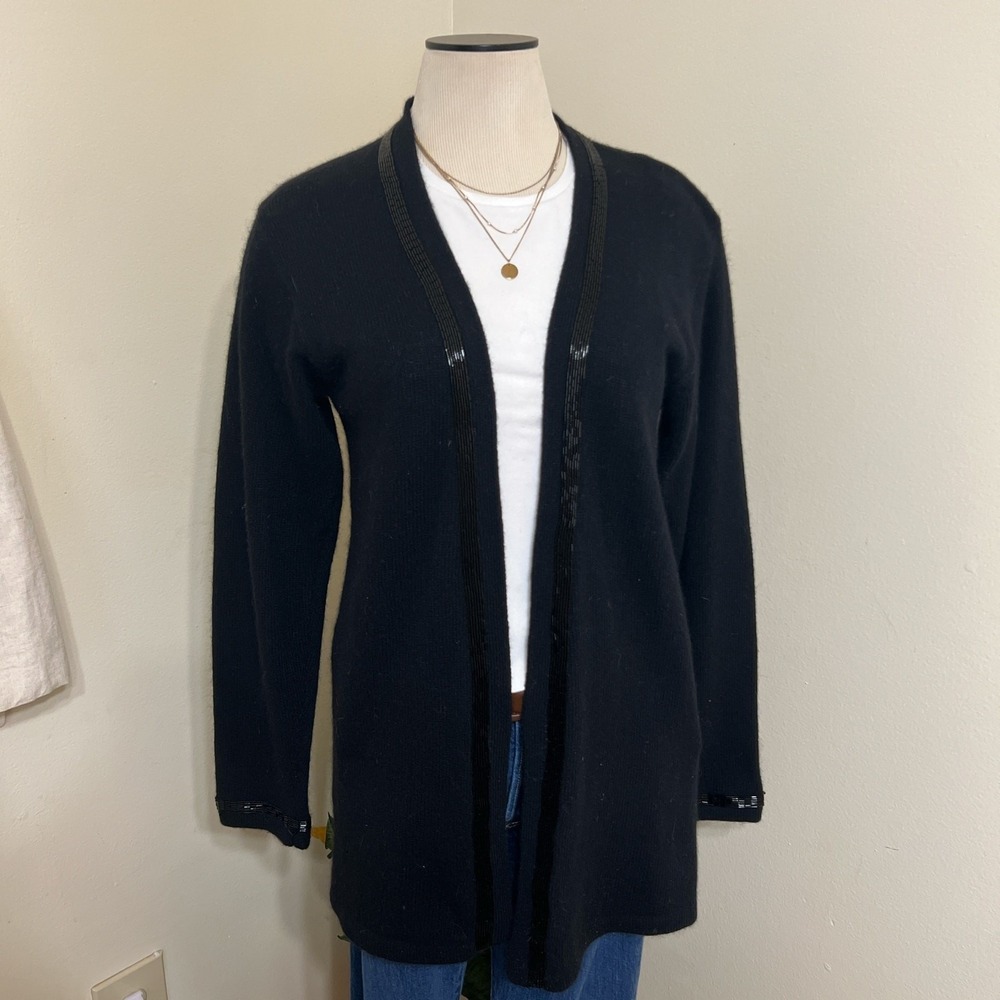 Lambswool Angora Black Cardigan with Sequin Trim Sz S